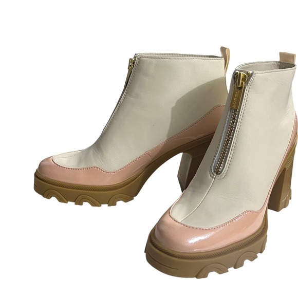 Sorel Brex Boot Front Zip Leather Ankle Boots White Pink Chunky Heel Lug Sole - Picture 2 of 9